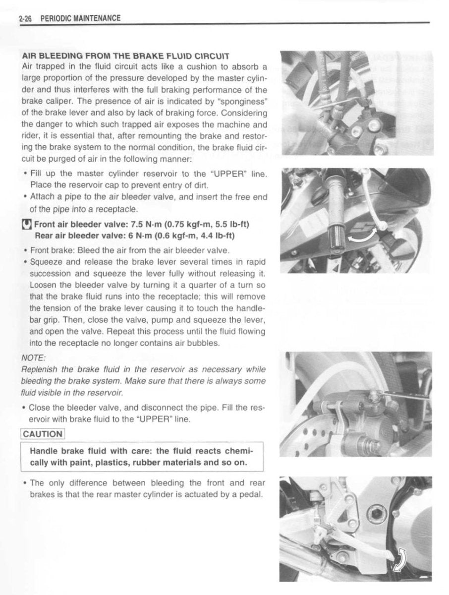 Maintenance instructions for a brake fluid circuit with text and images of a motorcycle.