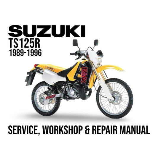 Suzuki TS125R motorcycle on a white background with text about service, workshop, and repair manual.