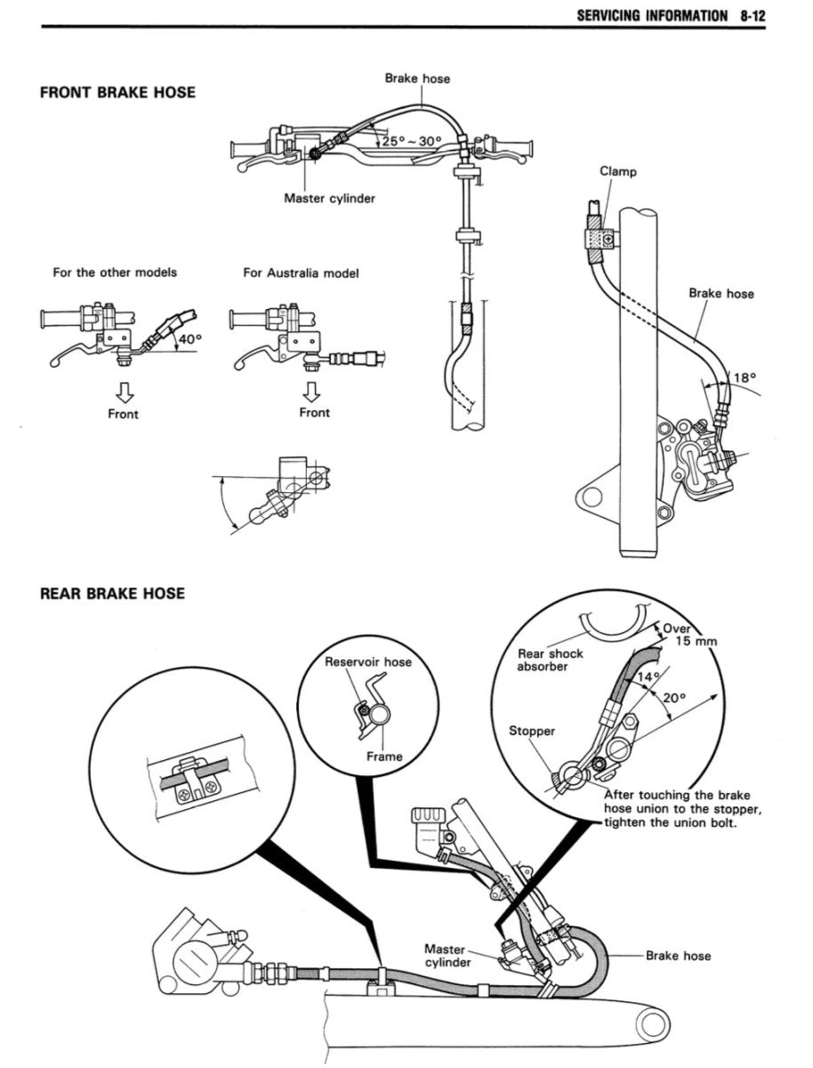 Technical diagram of brake hose servicing for vehicles, including front and rear brake hoses.