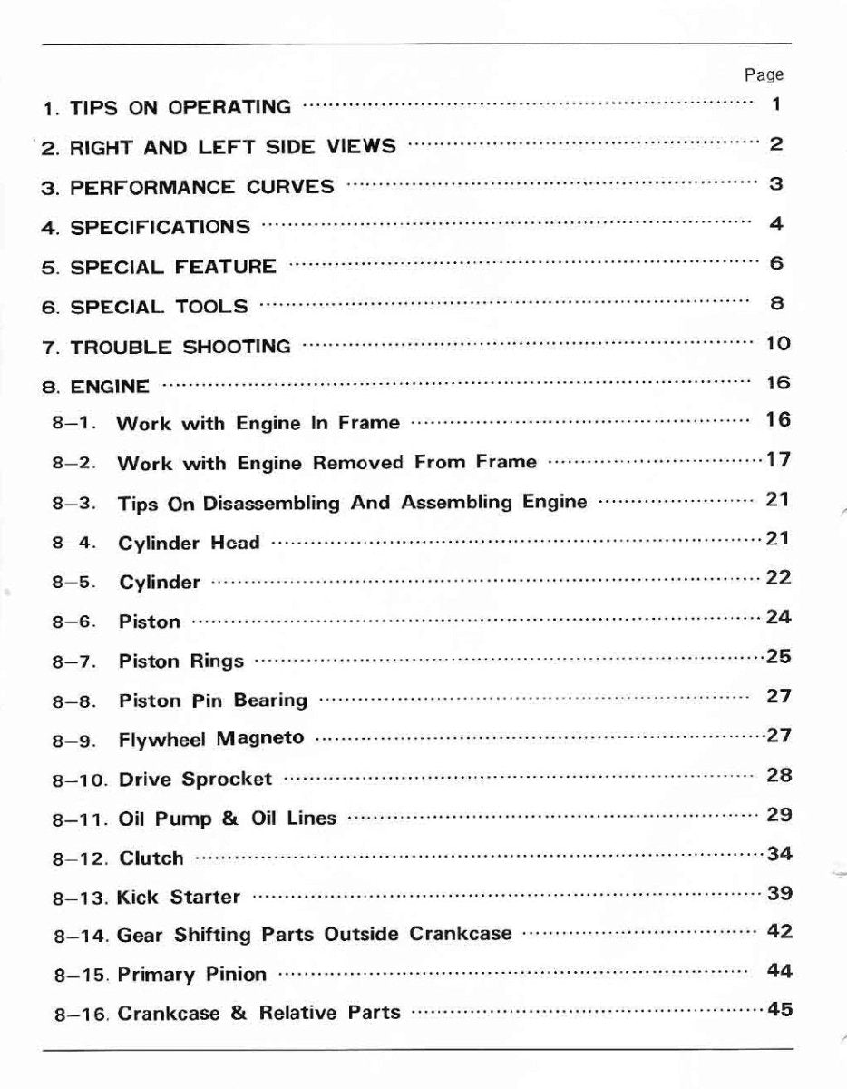 Table of contents for a technical manual on engine operations and parts.