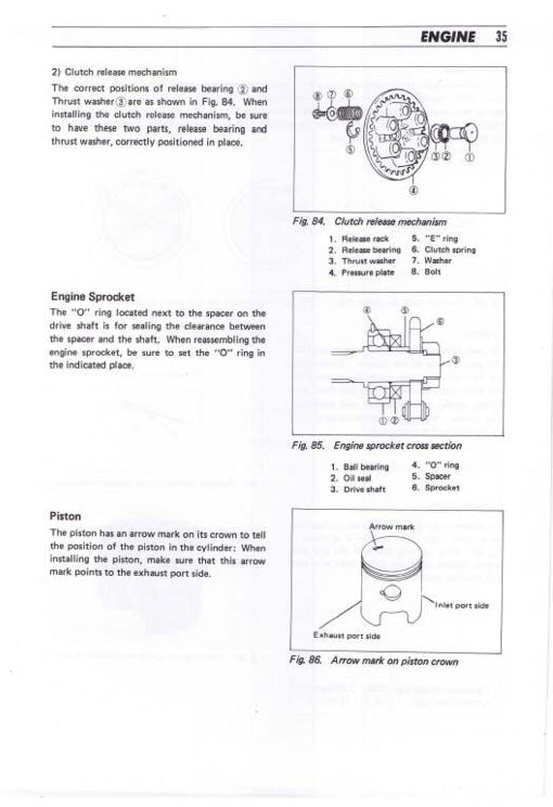 Technical diagram and text on clutch release mechanism, engine sprocket, and piston for an engine.
