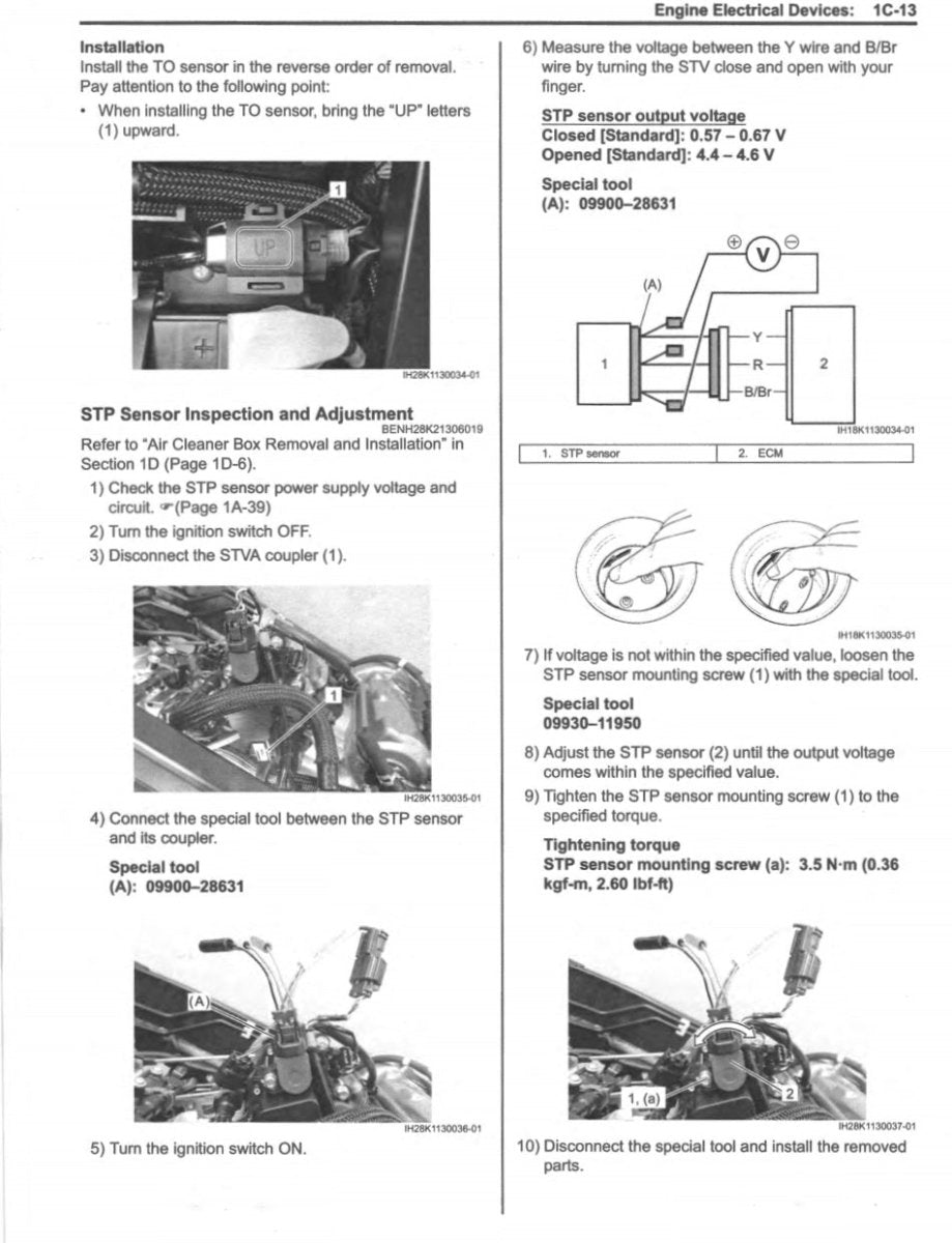 Technical manual page with STP sensor inspection and adjustment instructions.