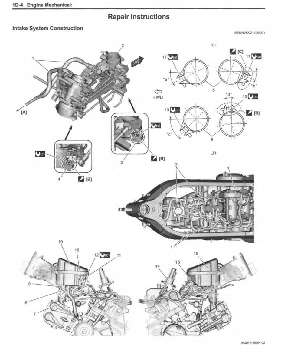 Technical diagram of an engine intake system with repair instructions.
