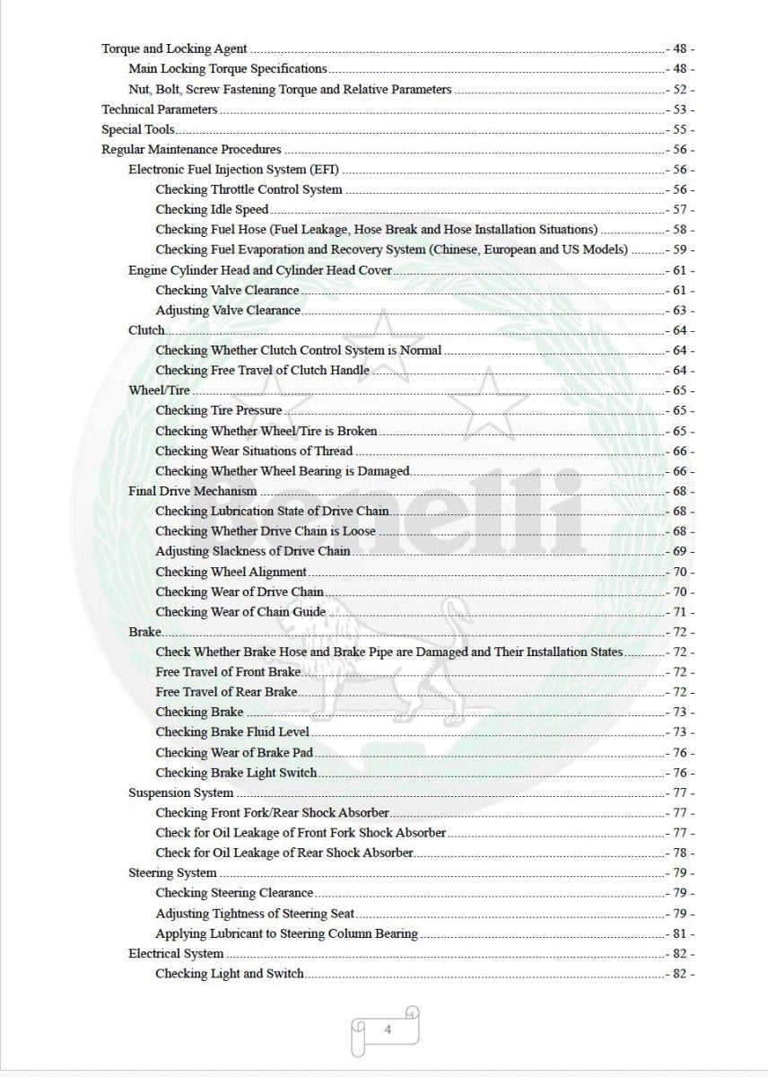 Table of contents for a technical manual on vehicle maintenance procedures.