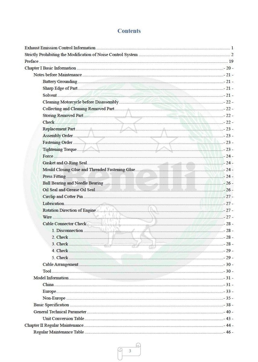 Table of contents for a technical manual with a brand logo at the bottom.