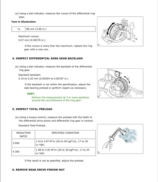 Technical manual page with instructions on measuring and inspecting a differential ring gear.
