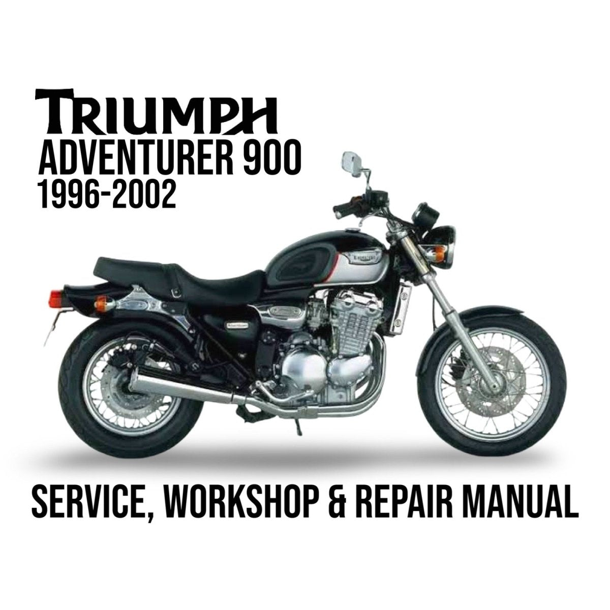 Triumph Adventurer 900 motorcycle on a white background with text about service, workshop, and repair manual.