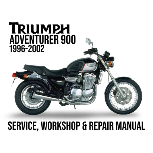 Triumph Adventurer 900 motorcycle on a white background with text about service, workshop, and repair manual.