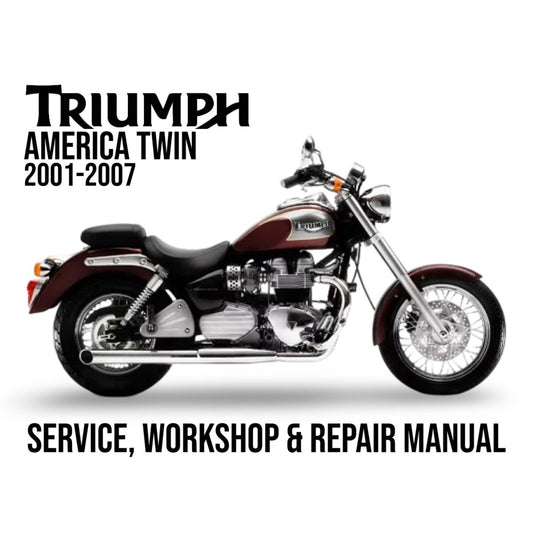 Triumph America Twin motorcycle on a white background with text about service, workshop, and repair manual.