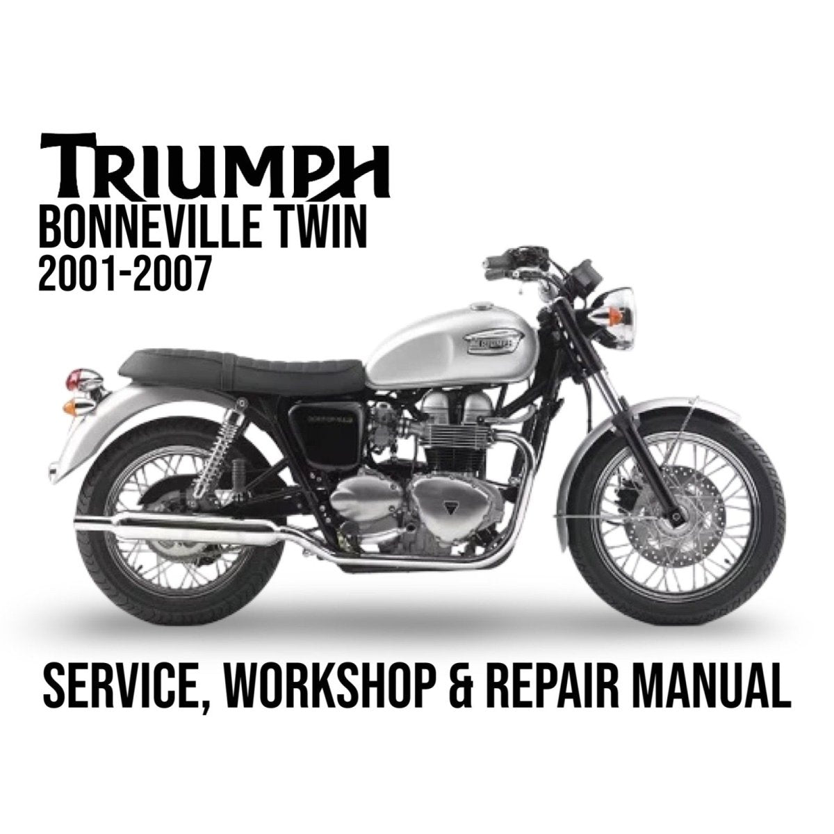 Triumph Bonneville Twin motorcycle on a white background with text about service, workshop, and repair manual.