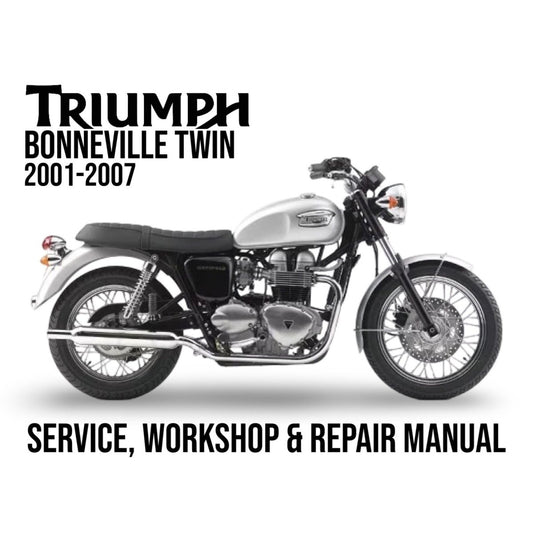 Triumph Bonneville Twin motorcycle on a white background with text about service, workshop, and repair manual.