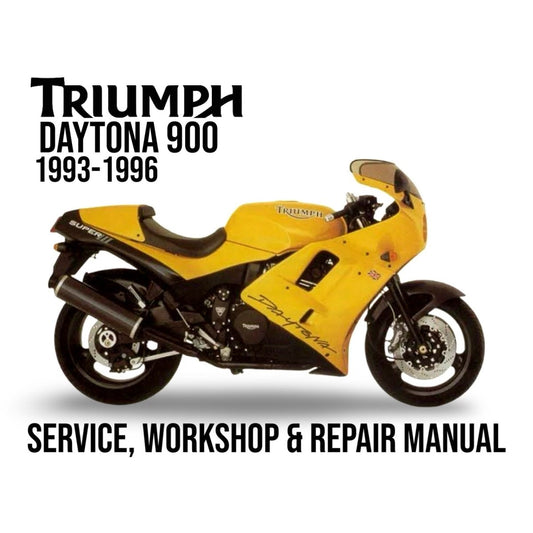 Triumph Daytona 900 motorcycle with text indicating a service, workshop, and repair manual for the years 1993-1996.