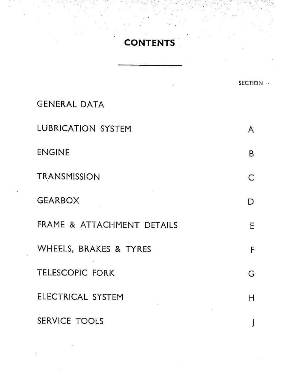 Table of contents for a technical document on various system sections.