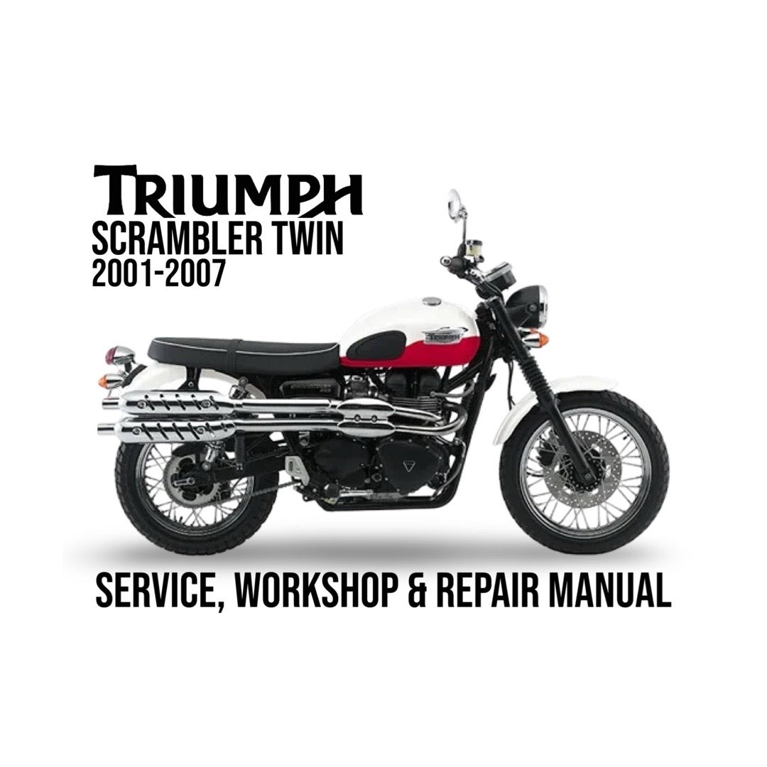 Triumph Scrambler Twin motorcycle on a white background with text about service, workshop, and repair manual.