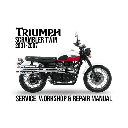 Triumph Scrambler Twin motorcycle on a white background with text about service, workshop, and repair manual.