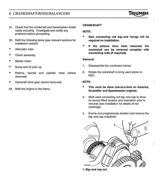 Technical manual page for Triumph motorcycle engine repair with text and diagrams.