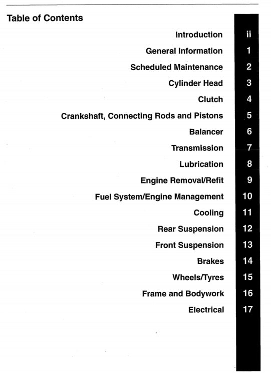 Table of contents for a technical manual on automotive components.