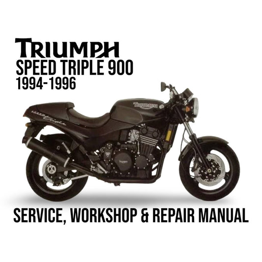 Triumph Speed Triple 900 motorcycle with text about a service, workshop, and repair manual on a white background