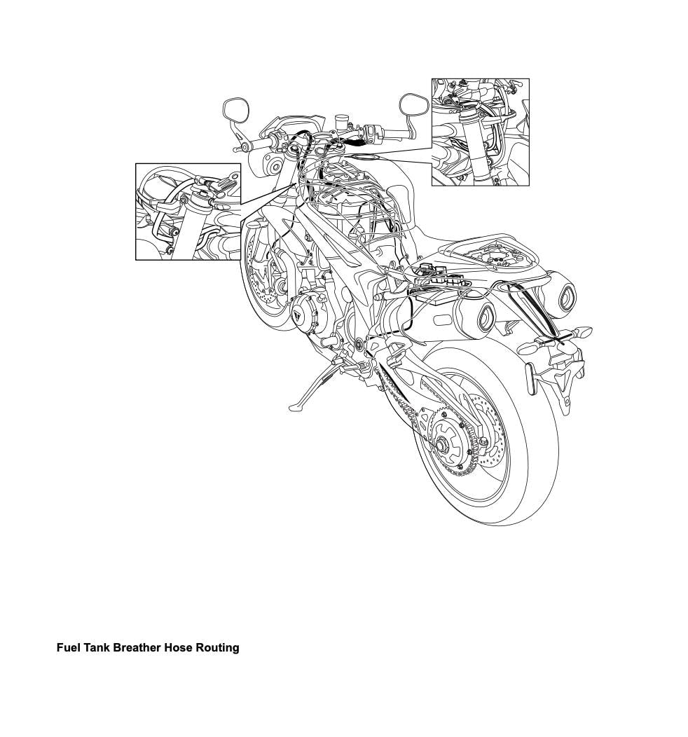 Technical drawing of a motorcycle with detailed components on a white background