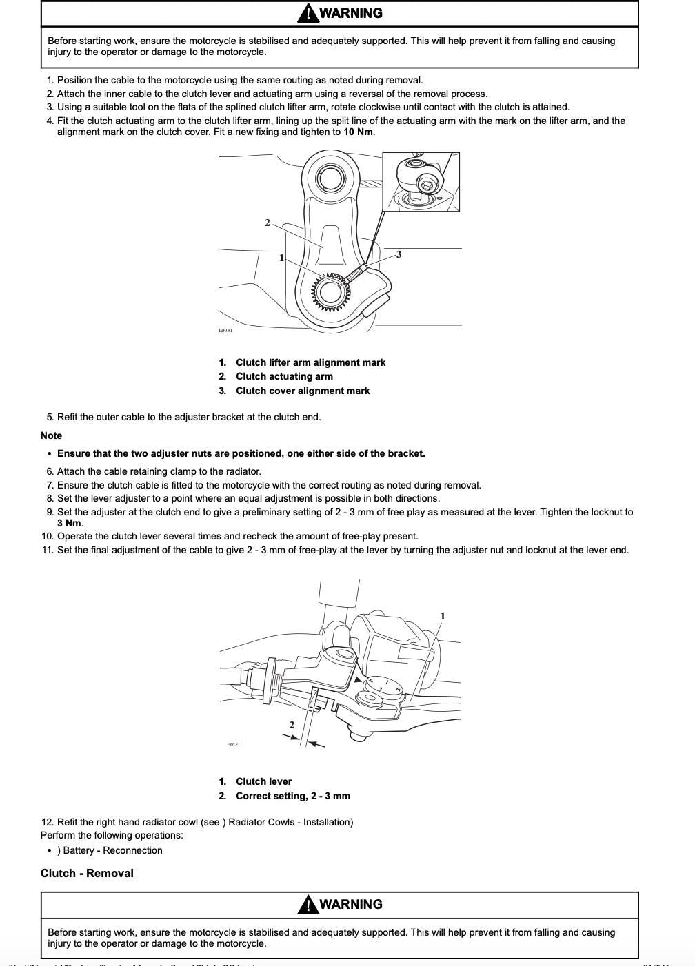Technical diagram and instructions for clutch arm adjustment on a motorcycle.