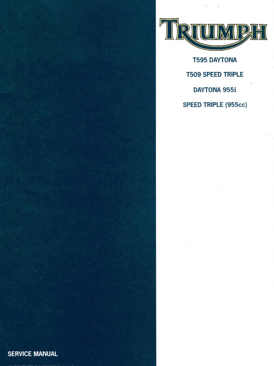 Triumph motorcycle service manual cover with model names on a blue background