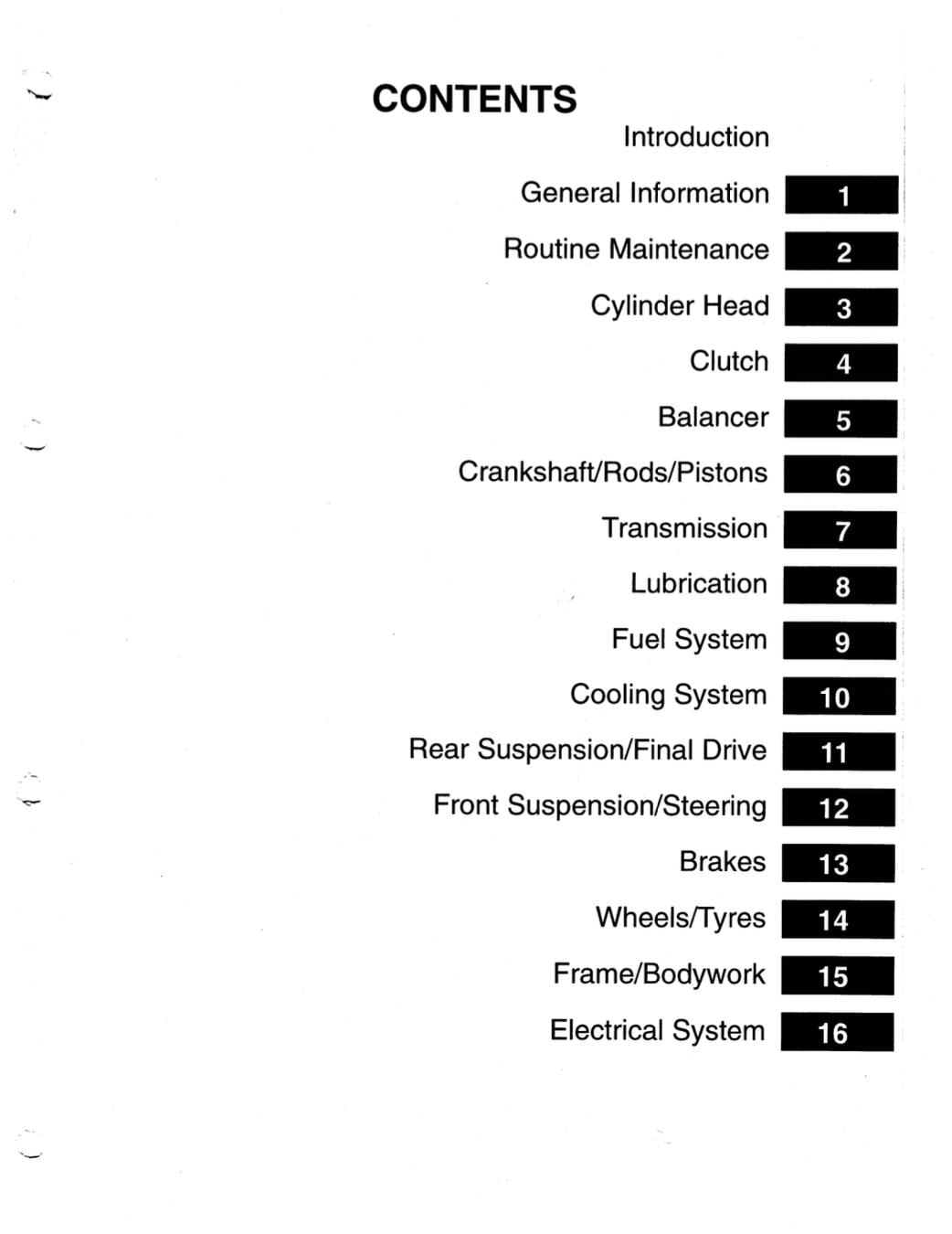 Table of contents for a technical manual on a white background