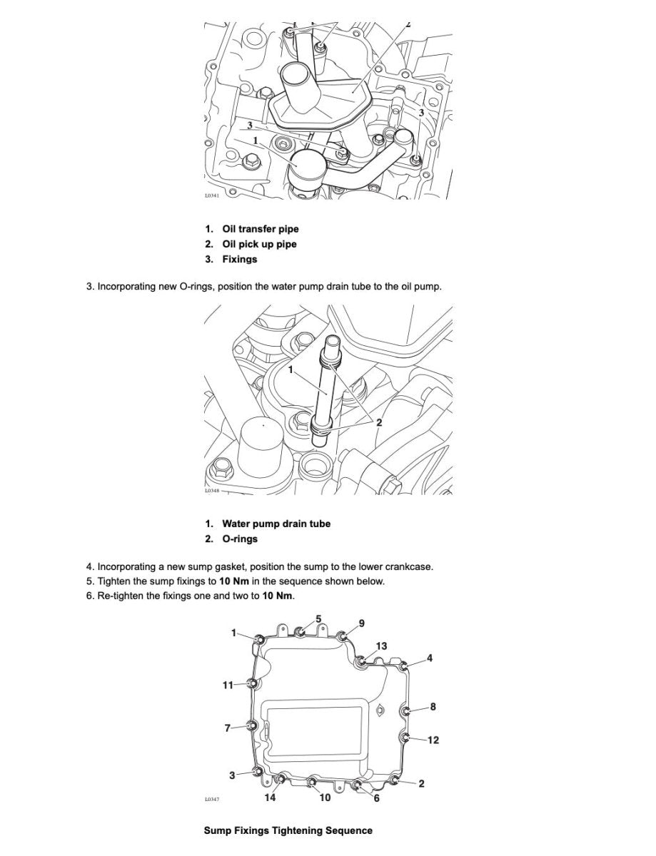 Technical diagram of engine components with text instructions on a white background