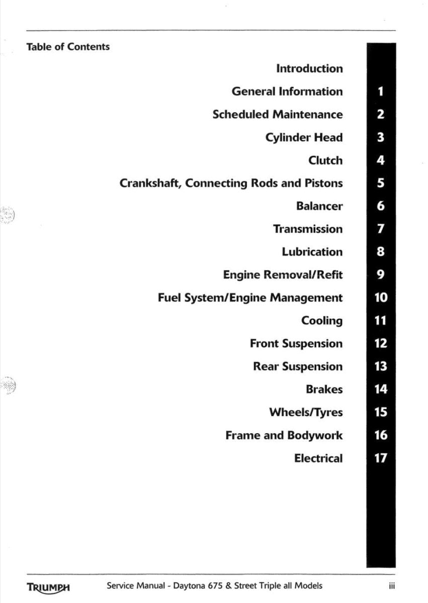 Table of contents for a Triumph service manual on a white background
