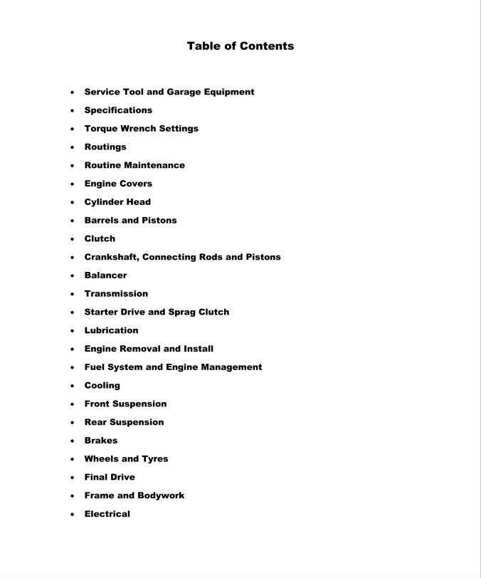 Table of contents for a technical manual on automotive repair.