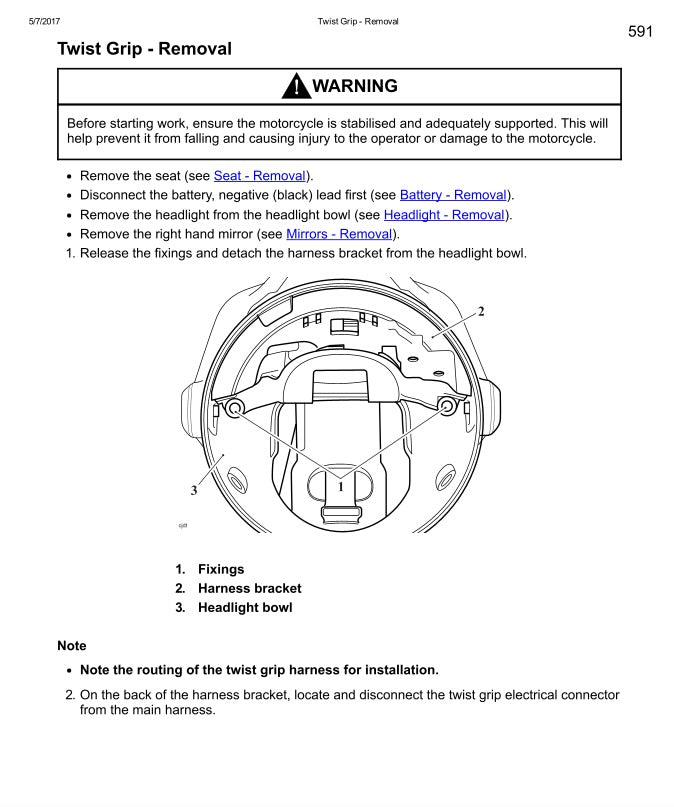 Motorcycle repair manual page with instructions on twist grip removal.