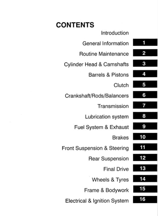 Table of contents for a technical manual on a white background