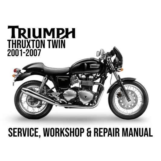 Triumph Thruxton Twin motorcycle on a white background with text about service, workshop, and repair manual.