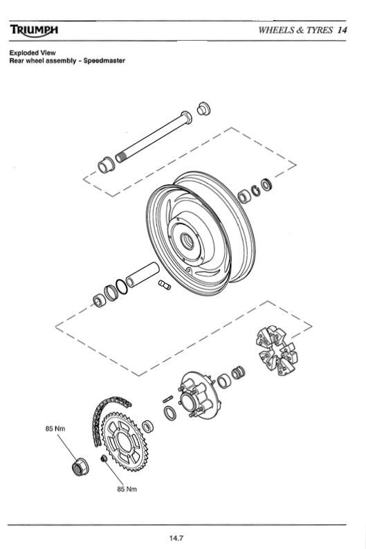 Technical diagram of a rear wheel assembly for Triumph vehicles, showing exploded view components.