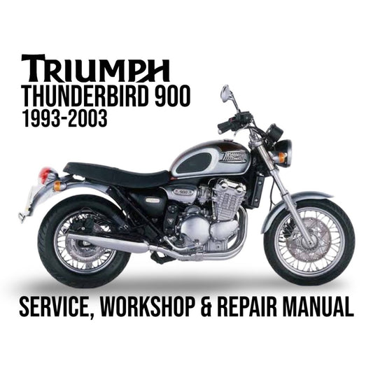 Triumph Thunderbird 900 motorcycle on a white background with text about service, workshop, and repair manual.