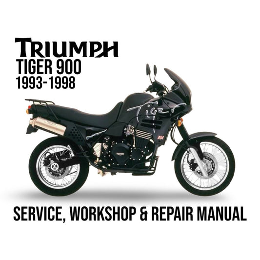 Triumph Tiger 900 motorcycle with text indicating a service, workshop, and repair manual for the years 1993-1998.