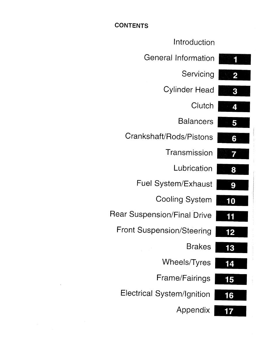 Table of contents for a technical manual on automotive parts and systems.