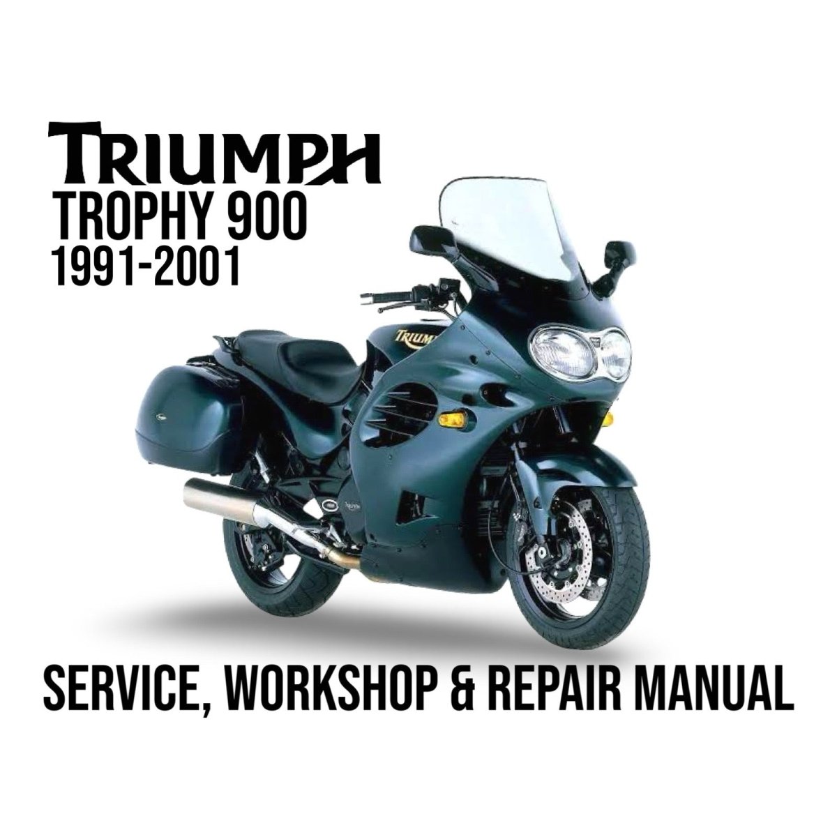 Triumph Trophy 900 motorcycle with text about a service, workshop, and repair manual on a white background