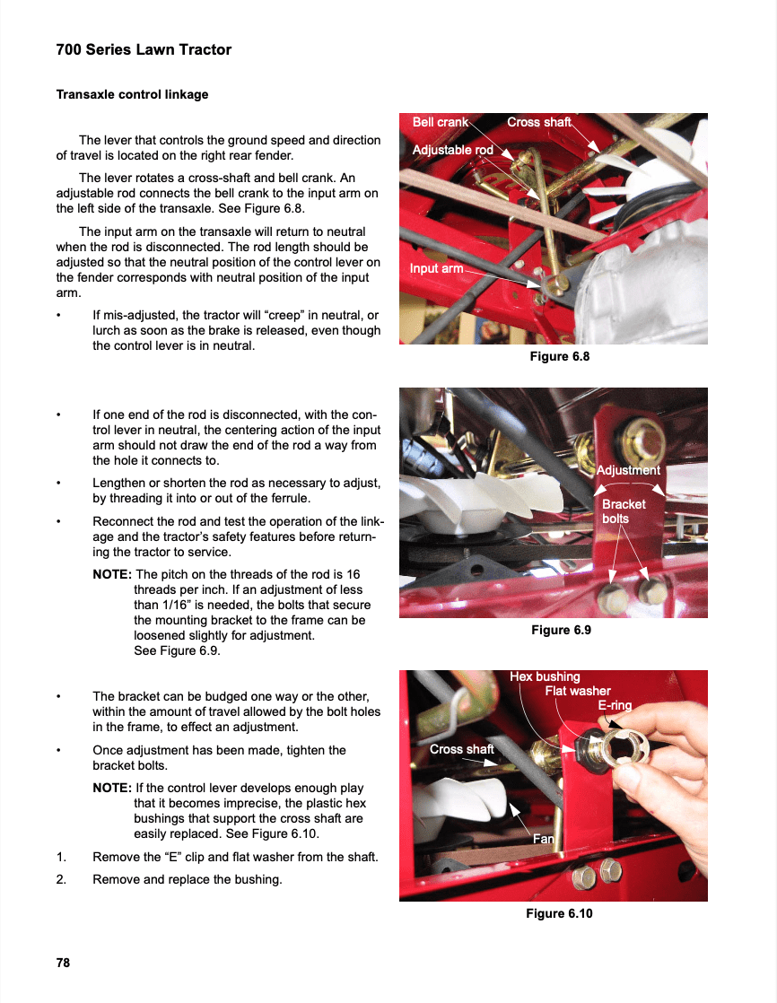 Technical manual page on 700 Series Lawn Tractor transaxle control linkage with diagrams and text.