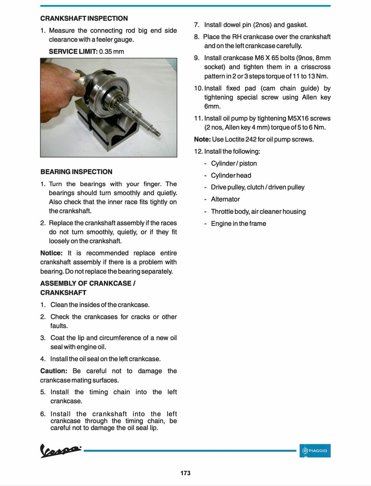 Piaggio Vespa service manual page 173 crankshaft inspection showing connecting rod big end clearance measurement with feeler gauge and service limit 0.35mm, bearing inspection procedures, crankcase assembly with timing chain and oil seal installation, crankcase bolt torque specification 11-13 N·m, oil pump installation torque 5-6 N·m