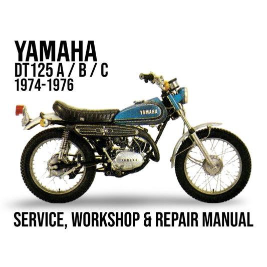 Yamaha DT125 A/B/C motorcycle on a white background with text about service, workshop, and repair manual.