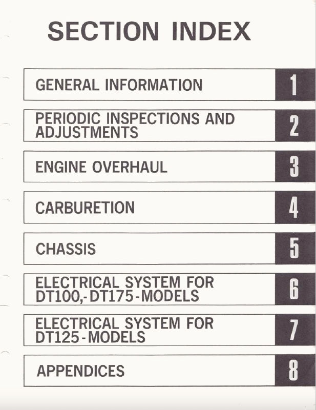 Section index of a manual or technical guide with chapter titles and page numbers.