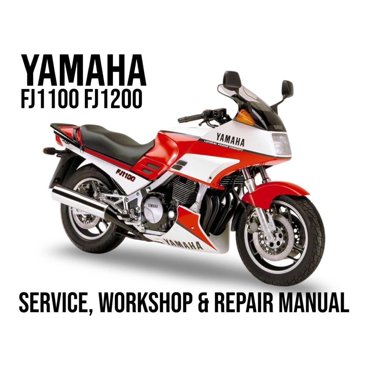 Yamaha FJ1100 and FJ1200 motorcycle on a white background with text about service, workshop, and repair manual.