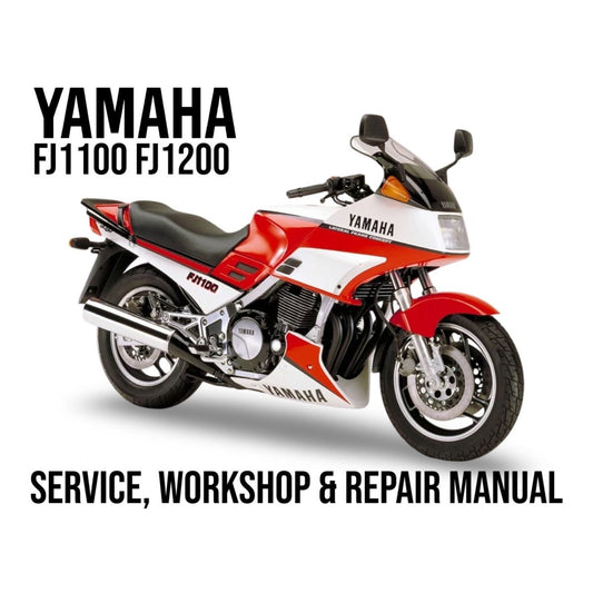 Yamaha FJ1100 and FJ1200 motorcycle on a white background with text about service, workshop, and repair manual.