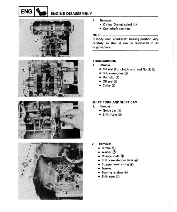Technical diagram of engine disassembly with labeled parts and text instructions.