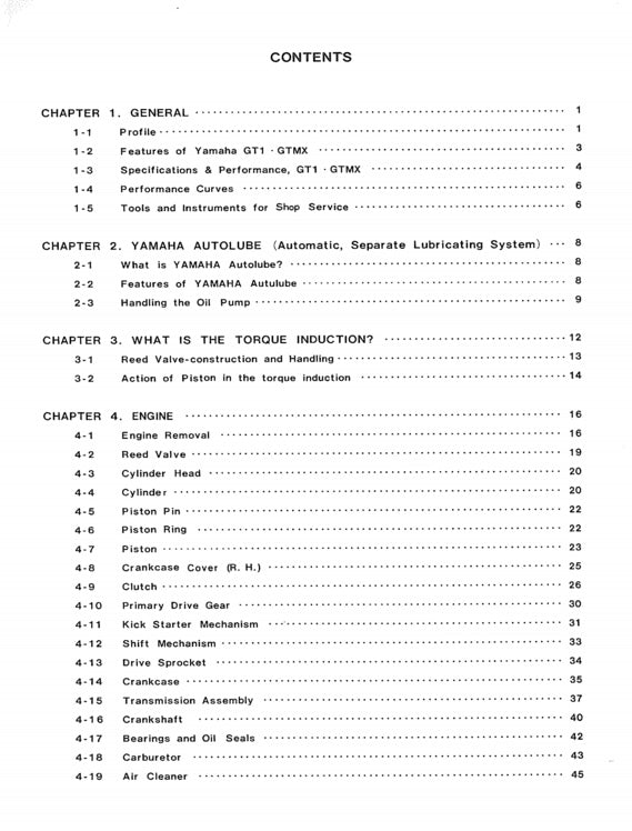 Table of contents for a technical manual on Yamaha GT1 and GTMX engines.