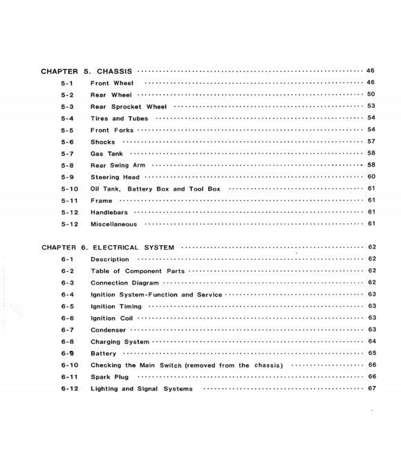 Table of contents for a technical manual on chassis and electrical system chapters.