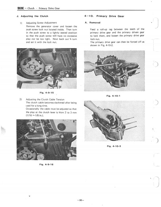Technical manual page with illustrations and text on adjusting a clutch and primary drive gear.