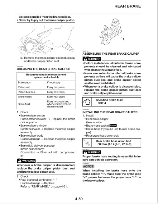 Technical diagram and instructions for assembling and maintaining a rear brake caliper.