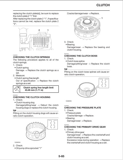 Technical manual page on clutch inspection and replacement with diagrams and text.