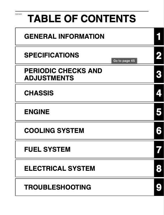 Table of contents for a technical manual with section headings and page numbers.